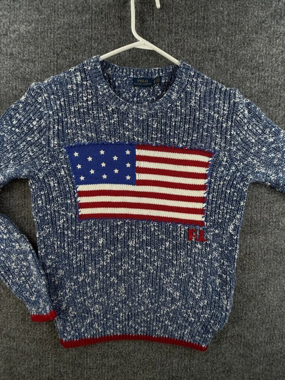 Polo Ralph Lauren XS Speckled USA Flag Chunky Knit Graphic Crew Neck Pullover